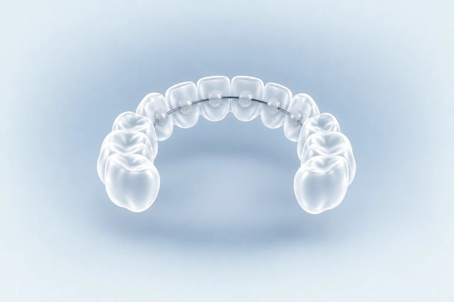 Illustrazione di un’arcata con il filo invisibile incollato dietro i denti, in vetro smerigliato