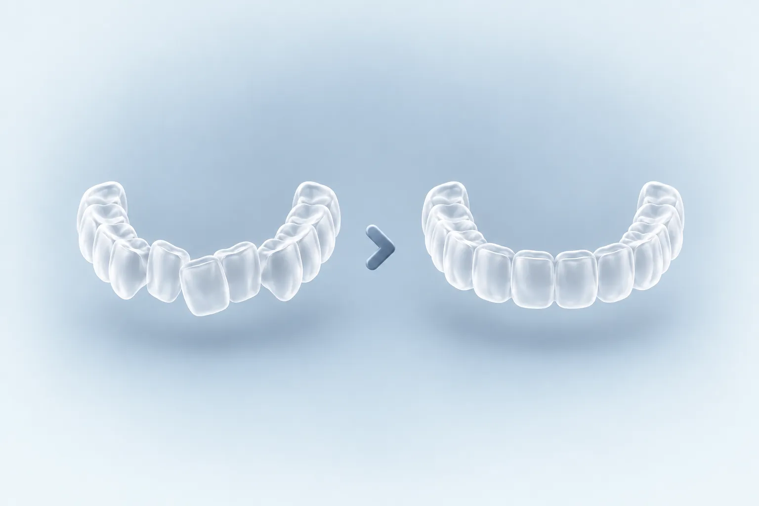 Illustrazione di due arcate dentali in vetro smerigliato, la prima con i denti storti e la seconda allineata